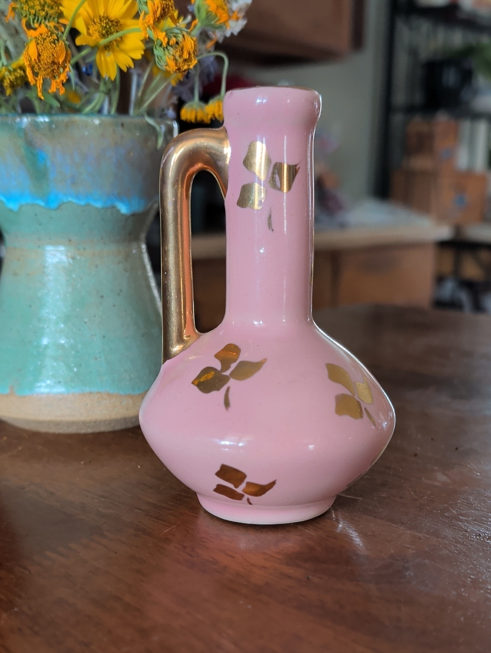 Pink Ceramic Pitcher with Gold Leaf Accents